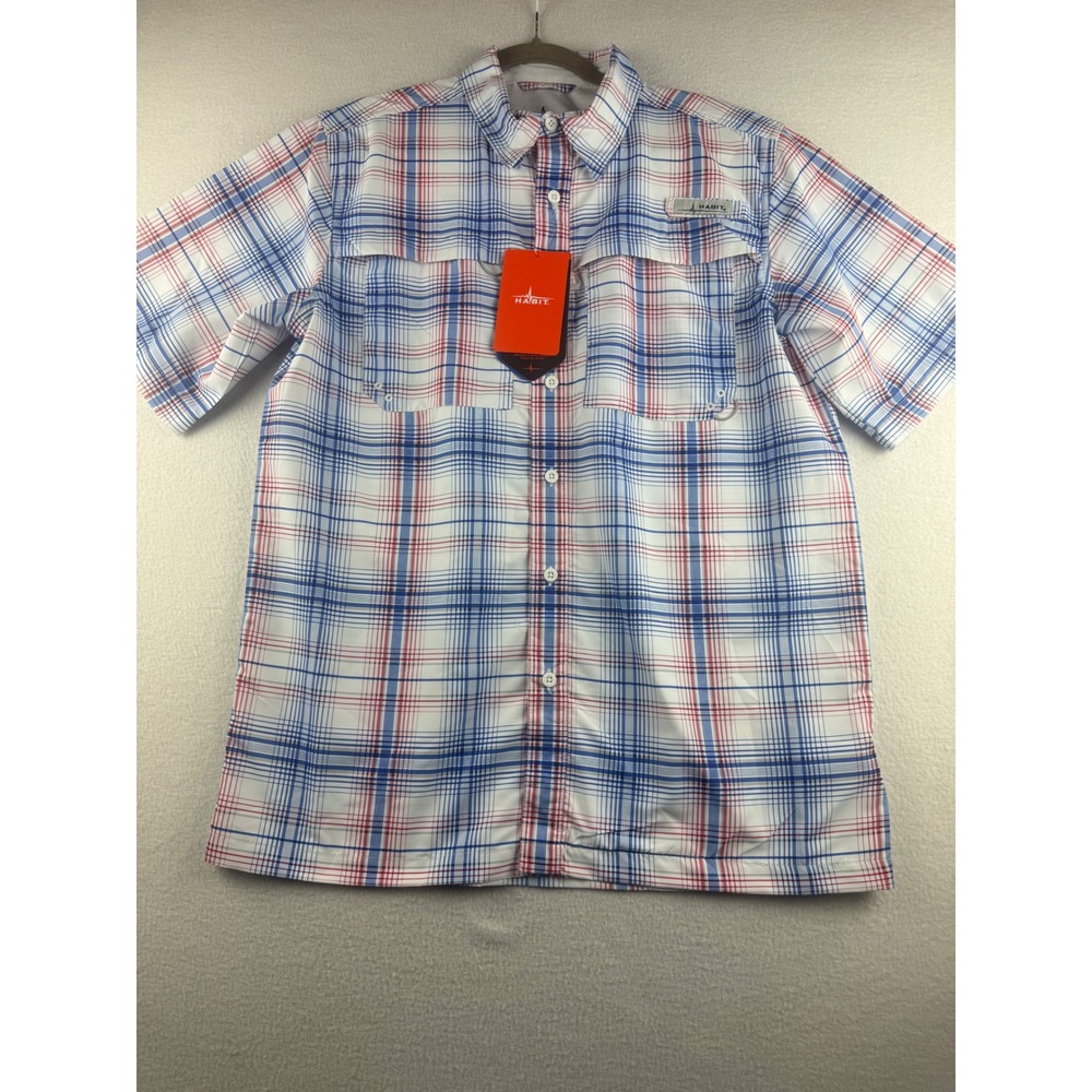 Habit Mens Harbor Bay Short Sleeve River Shirtโ Red White Blue Plaid UPF 40+ M